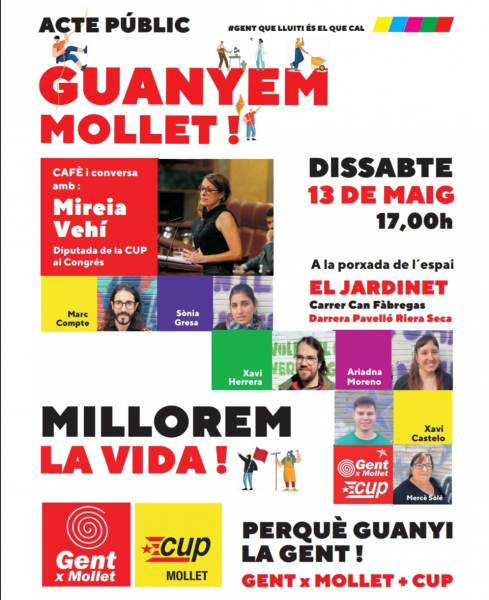 Vine a fer un cafè amb  Mireia Vehí i les companyes i companys de la candidatura de GentxMollet+ CUP